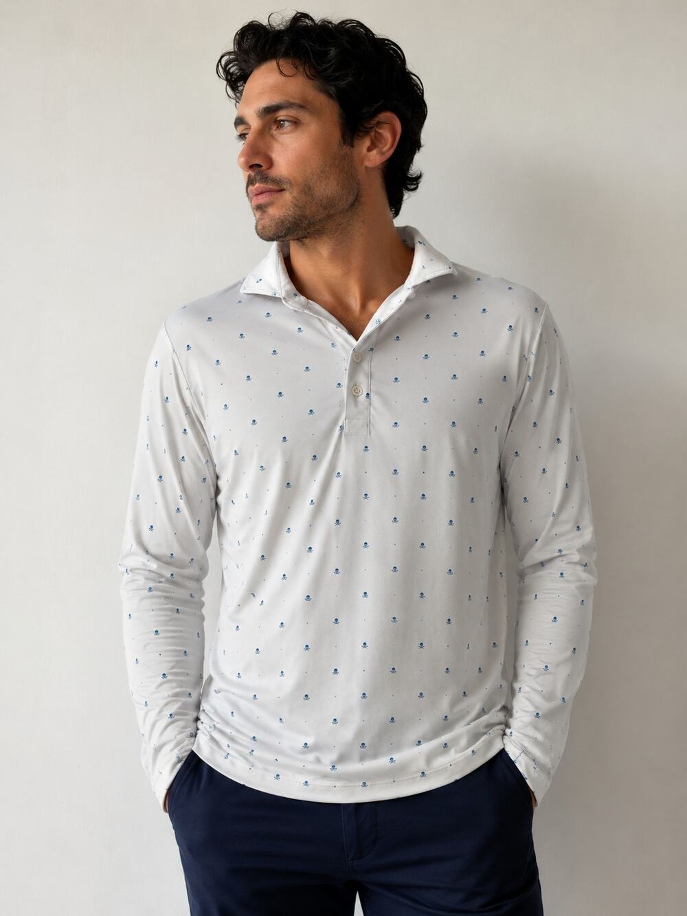 G/FORE White Long Sleeve Golf Polo Blue Skull Print Performance Men's Large